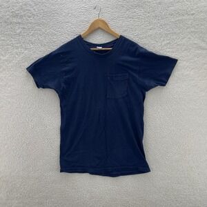 Vintage Shirt Mens Medium* Navy Blue Selvedge Pocket Blank 80s 90s Tee T-Shirt